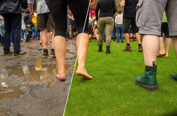 Vergleich zwischen Festivalböden mit und ohne TERRAM GrassProtecta