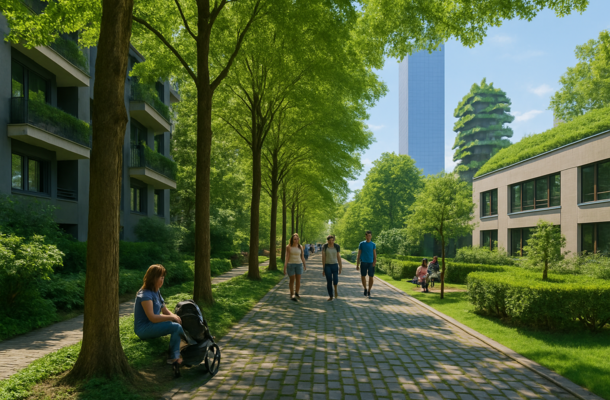 Gehweg zwischen Bäumen und Gebäuden