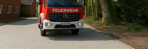 Nähere Aufnahme einer Feuerwehr auf einer Zufahrt mit Geozellen-Tragschicht
