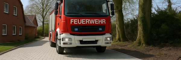 Schematische Darstellung des Aufbaus einer Feuerwehrzufahrt mit Feuerwehr darauf
