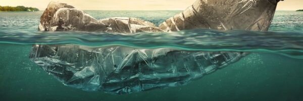 Schmutzige Plastikflasche schwimmt im Meer und am Meeresboden sieht man ebenfalls Plastikmüll