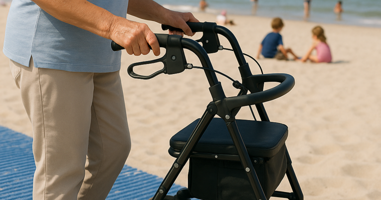 Ältere Frau begeht den Strand mit Rollator auf der TerraMat Sandmatte