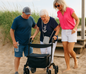 Seniorin begeht den Strand mit Rollator. Familie hilft ihr dabei