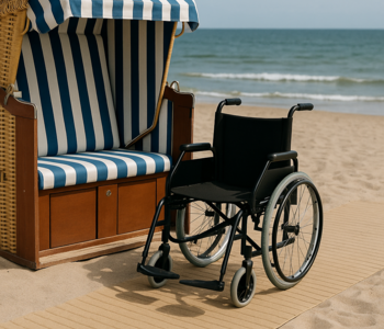 Rollstuhl steht auf der TerraMat vor einem Strandkorb - barrierefreier Zugang wird ermöglicht.