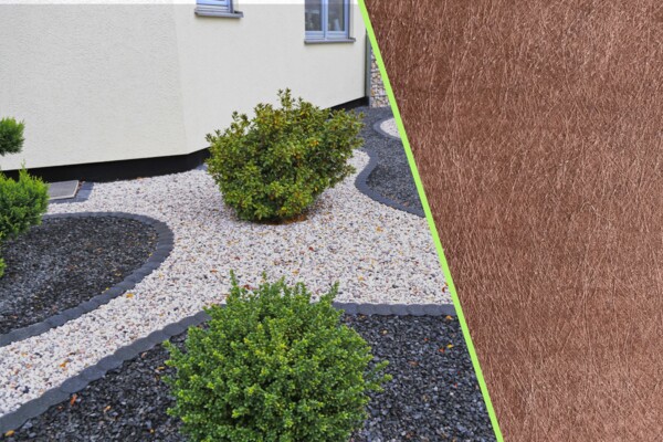 Weedguard Material wird gezeigt, links daneben: ein schöner Steinweg ohne Unkraut