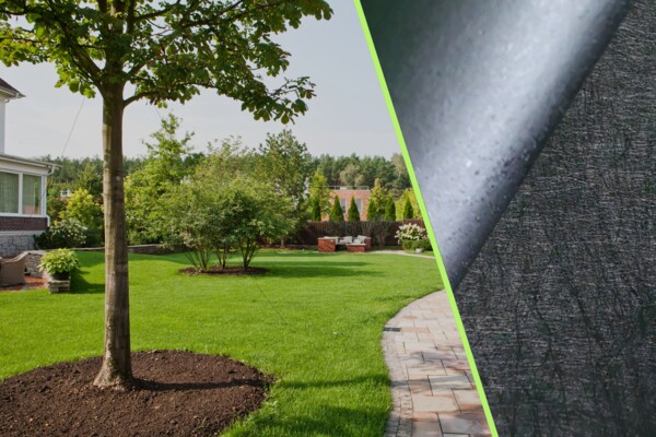 Nahaufnahme Rootguard Plus neben Gartenbild mit frisch gepflanztem Baum mit unterirdischer Rootguard Plus Abgrenzung