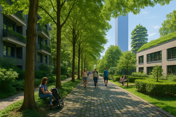 Gehweg zwischen Bäumen und Gebäuden