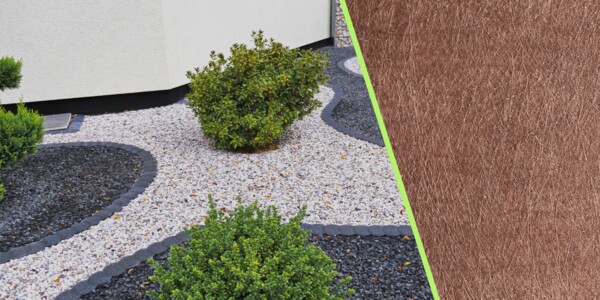 Weedguard Material wird gezeigt, links daneben: ein schöner Steinweg ohne Unkraut