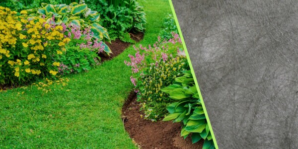 Weedguard Unkrautschutzvlies Materialnahaufnahme neben schönen Garten mit Blumenbeeten