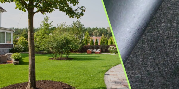 Nahaufnahme Rootguard Plus neben Gartenbild mit frisch gepflanztem Baum mit unterirdischer Rootguard Plus Abgrenzung