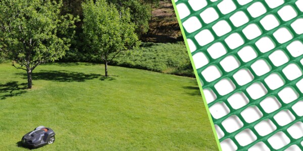 Mähroboter auf stabilem Rasen mit TurfProtecta Rasenschutzgitter - ideal für belastbare, dauerhaft gepflegte Grünflächen,