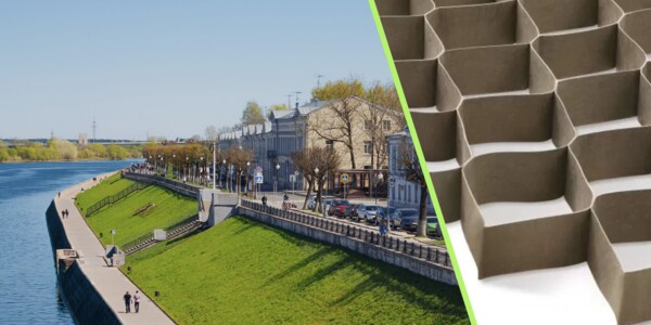 Flusspromenade mit Detailaufnahme Geozellen