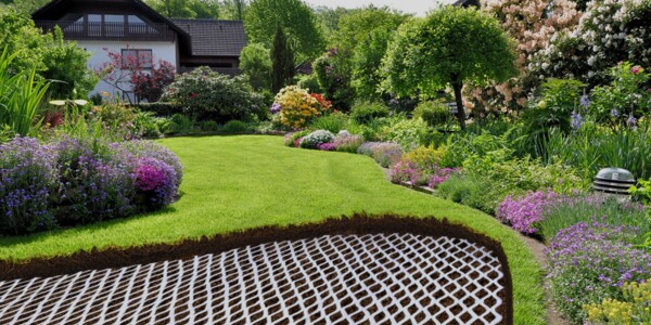 Querschnitt eines Garten, im Untergrund ist Terrasponge Wasserspeichervlies verbaut